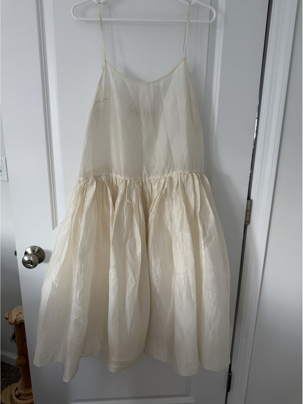 Märchen Silky Cream Strap Midi Dress with Gathered Skirt